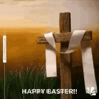 A Wooden Cross With A White Ribbon Tied Around It And The Words `` Happy Easter '' . GIF