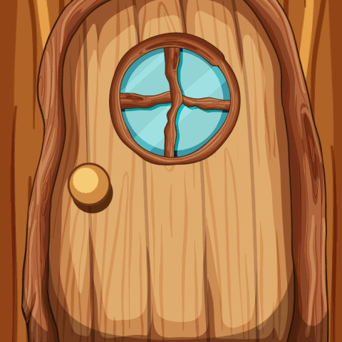 A Wooden Door With A Round Window In The Middle GIF
