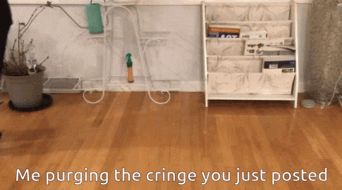 a wooden floor with the words me purging the cringe you just posted on it