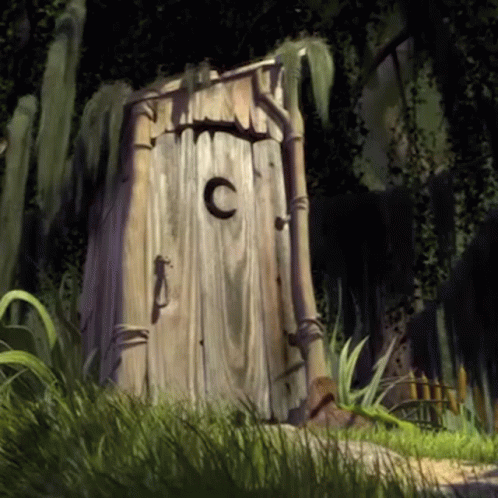 A Wooden Outhouse With A Letter C On It GIF