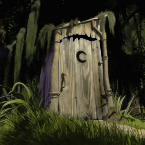 A Wooden Outhouse With A Letter C On The Door GIF