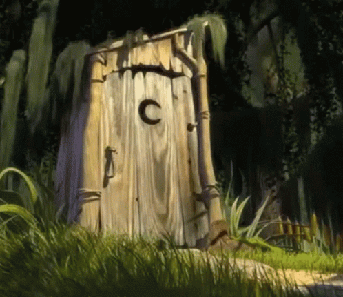 A Wooden Outhouse With A Letter C On The Door GIF