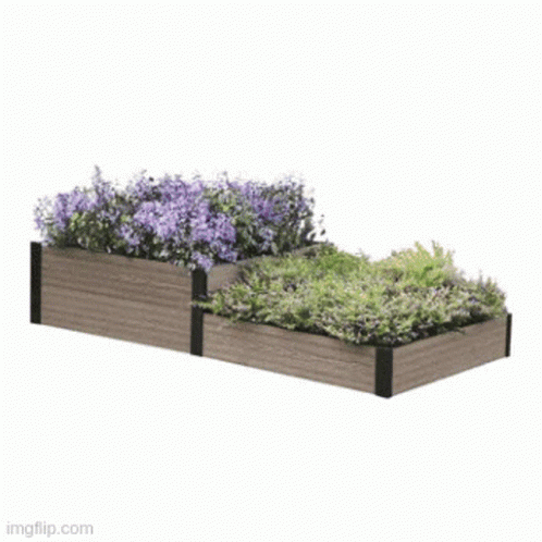 A Wooden Planter Filled With Flowers And Grass GIF