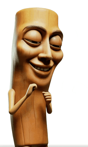 A Wooden Statue With A Smiling Face And Arms On A White Background GIF