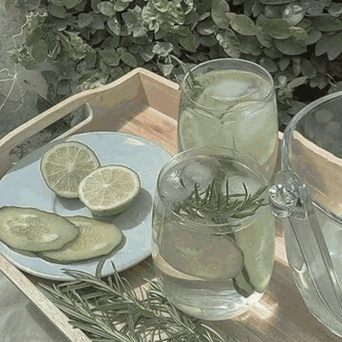 A Wooden Tray With Glasses Of Water , Lemons , Cucumbers , And Rosemary On It . GIF