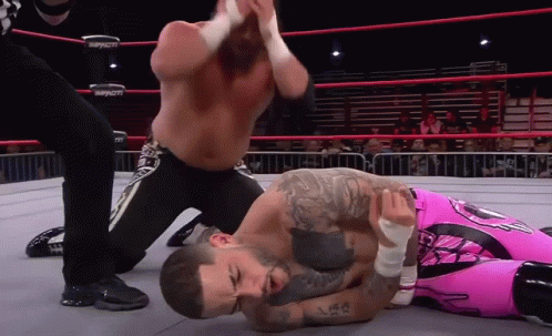 a wrestler in a pink outfit is laying on the ground