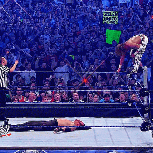A Wrestler In A Wrestling Ring Holds A Sign That Says Zelen Amigo Yondy GIF