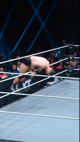 a wrestler in a wrestling ring with the letter w on the side