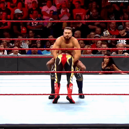 A Wrestler Is Carrying Another Wrestler In A Wrestling Ring While A Crowd Watches GIF