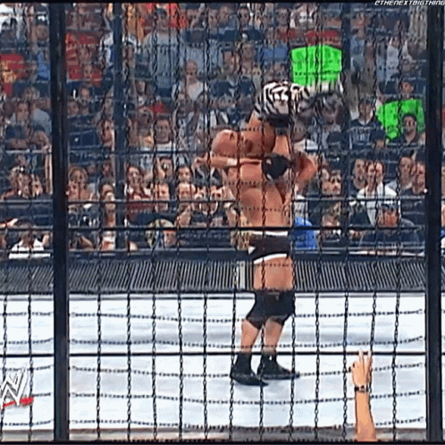 A Wrestler Is Jumping Over A Chain Link Fence During A Match . GIF