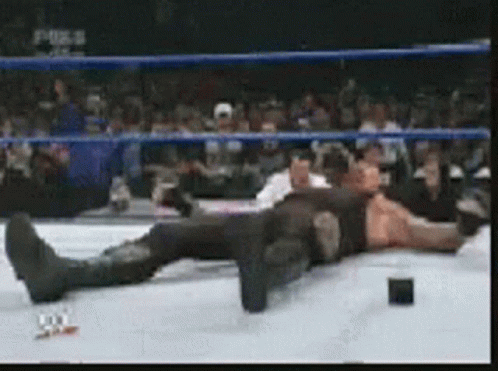 A Wrestler Is Laying On The Ground In A Wrestling Ring While A Crowd Watches GIF