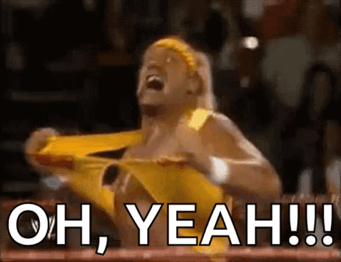 A Wrestler Is Screaming In A Boxing Ring With The Words Oh Yeah Written On The Screen GIF