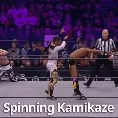 A Wrestler Is Spinning Another Wrestler In A Wrestling Ring . GIF
