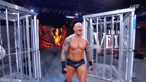 A Wrestler Is Standing In Front Of A Cage And Screaming . GIF