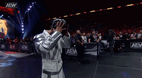 A Wrestler Is Standing In Front Of A Crowd At A Aew Wrestling Event GIF