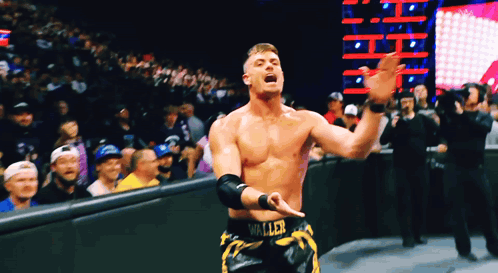 a wrestler with the word waller on his shorts stands in front of a crowd