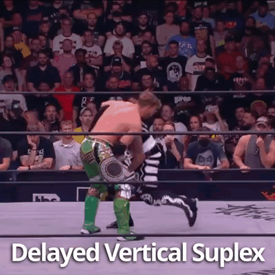 A Wrestling Match Is Being Held In Front Of A Crowd And The Words Delayed Vertical Suplex Are Visible . GIF