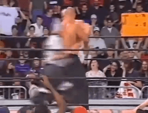 A Wrestling Match Is Being Held In Front Of A Crowd Of People . GIF