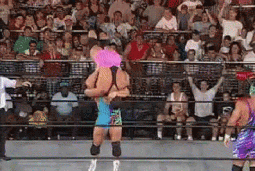 A Wrestling Match Is Going On In Front Of A Crowd . GIF
