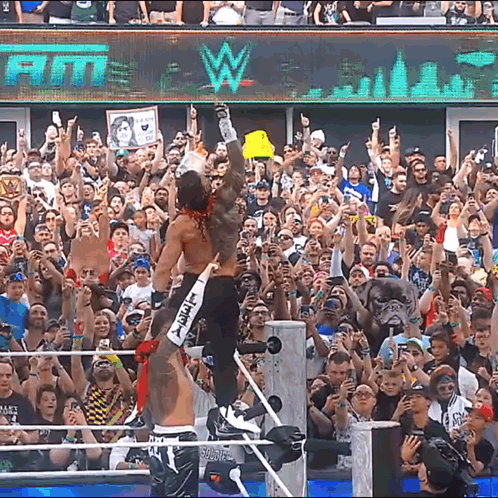 A Wrestling Match Is Going On In Front Of A Crowd With A Sign That Says Wwe GIF