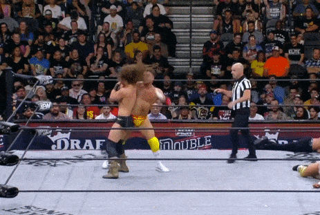 A Wrestling Match Is Taking Place In Front Of A Crowd And The Word Double Is On The Ring GIF