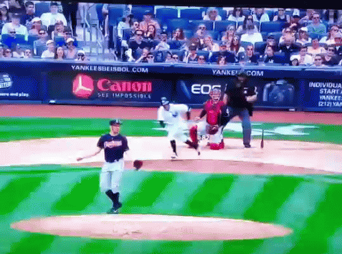 A Yankees Baseball Game Is Being Played In Front Of A Canon Ad GIF