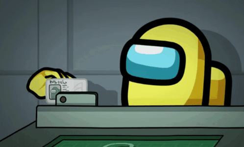 A Yellow Among Us Character Is Holding A Piece Of Paper That Says Mobile GIF