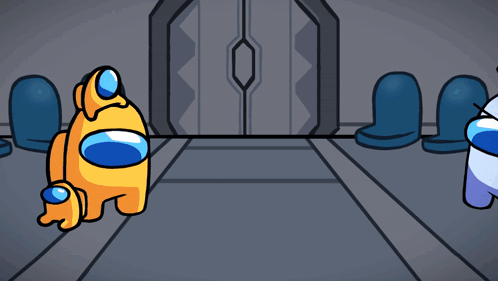 A Yellow Among Us Character Standing Next To A White Character GIF