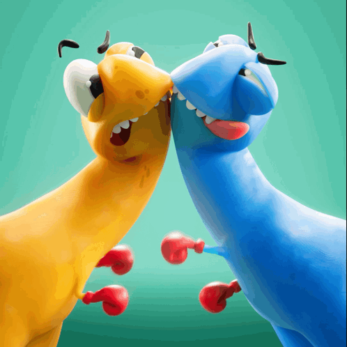 A Yellow And A Blue Dinosaur With Boxing Gloves On GIF