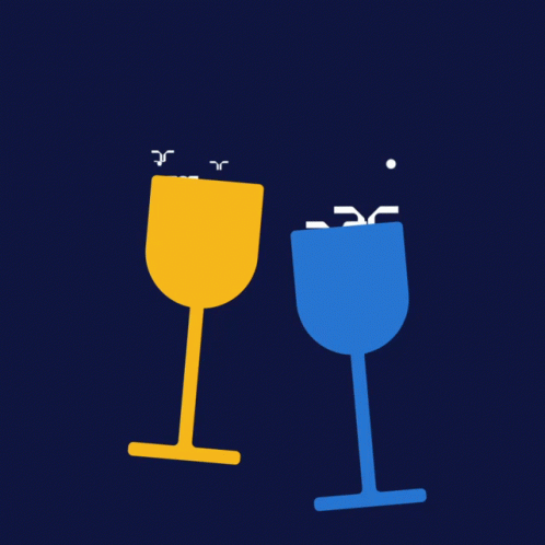a yellow and a blue wine glass with foam coming out of it