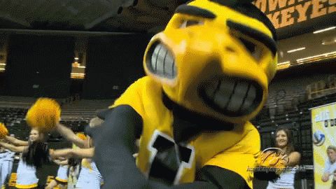 A Yellow And Black Mascot Stands In Front Of Cheerleaders And A Sign That Says Keys GIF