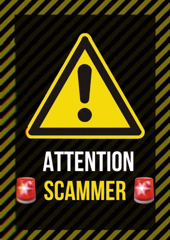 A Yellow And Black Warning Sign That Says Attention Scammer On A Black Background GIF
