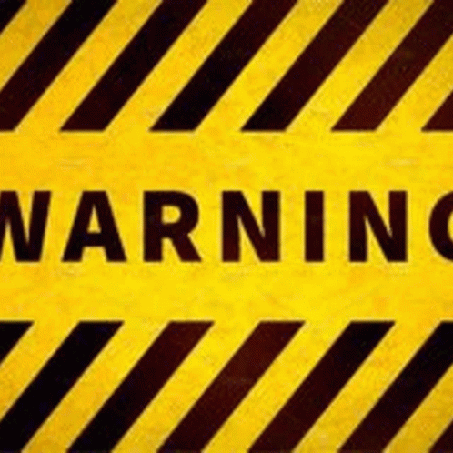 A Yellow And Black Warning Sign With Black Stripes And The Word Warning Written On It . GIF