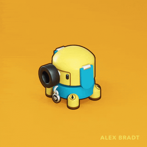 A Yellow And Blue Cartoon Character With The Name Alex Bradt On The Bottom GIF