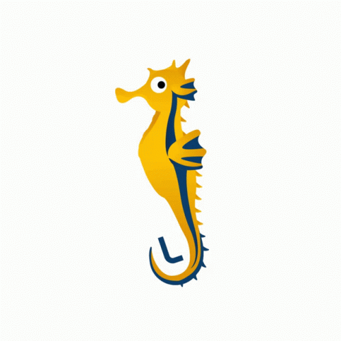A Yellow And Blue Seahorse With A Black Tail On A White Background GIF