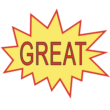 A Yellow And Red Starburst With The Word Great In Red Letters GIF