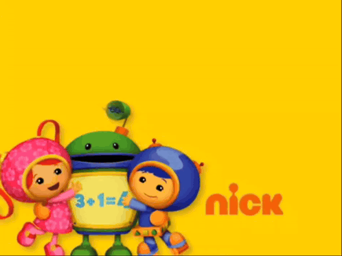 A Yellow Background With A Cartoon Character Holding A Robot That Says 3 + 1 = 4 GIF