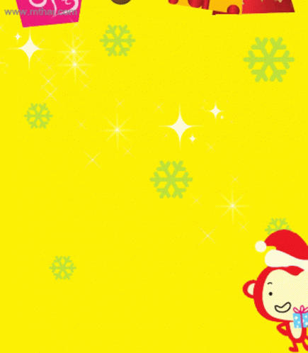 A Yellow Background With A Monkey Wearing A Santa Hat Surrounded By Presents GIF