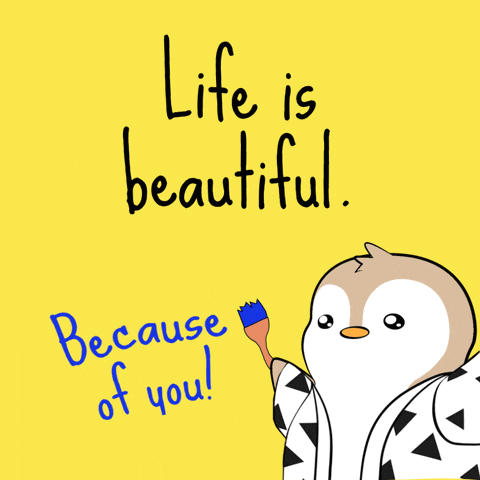 A Yellow Background With A Penguin And The Words Life Is Beautiful GIF