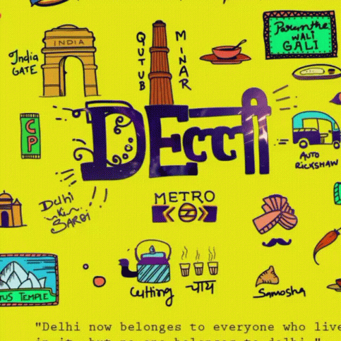 A Yellow Background With Drawings Of Delhi Metro And Other Places GIF