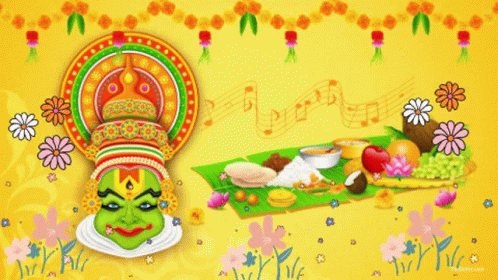 a yellow background with flowers and food and the word ' kerala ' in blue