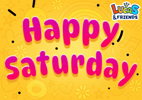 a yellow background with the words happy saturday written in pink