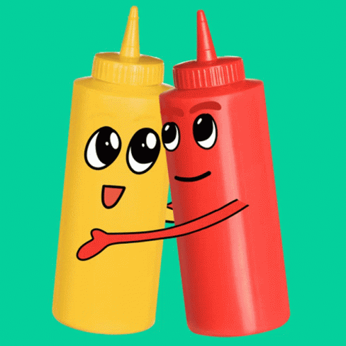 A Yellow Bottle Of Mustard And A Red Bottle Of Ketchup Hugging Each Other GIF