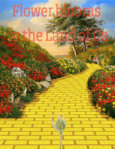 A Yellow Brick Road With The Words Flower Blooms In The Land Of Oz On The Bottom GIF