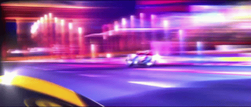 A Yellow Car Is Driving Down A Purple Street At Night GIF