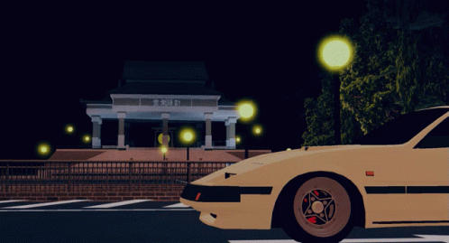A Yellow Car Is Parked In Front Of A Building With Chinese Characters On It GIF