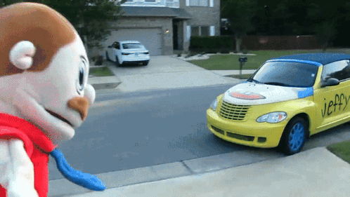 A Yellow Car With The Word Jeffy On The Front GIF