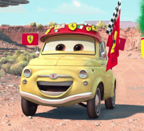 A Yellow Cartoon Car With A Red Hat That Says ' Ferrari ' On It GIF