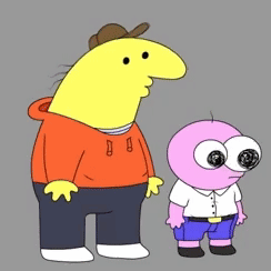 A Yellow Cartoon Character And A Pink Cartoon Character With Big Eyes GIF