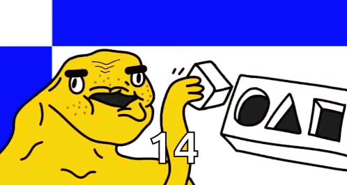 A Yellow Cartoon Character Is Holding A Block With The Number 14 Written On It . GIF
